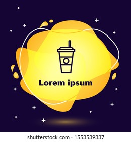 Black line Coffee cup icon isolated on blue background. Disposable coffee cup with hot coffee. Abstract banner with liquid shapes. Vector Illustration