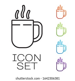 Black line Coffee cup icon isolated on white background. Tea cup. Hot drink coffee. Set icons colorful. Vector Illustration