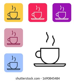 Black line Coffee cup icon isolated on white background. Tea cup. Hot drink coffee. Set icons in color square buttons. Vector Illustration