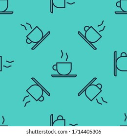 Black line Coffee cup icon isolated seamless pattern on green background. Tea cup. Hot drink coffee.  Vector Illustration