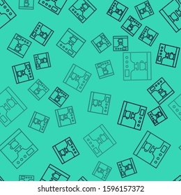Black line Coffee machine and coffee cup icon isolated seamless pattern on green background.  Vector Illustration