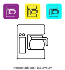 Black line Coffee machine with glass pot icon isolated on white background. Set icons colorful square buttons. Vector Illustration
