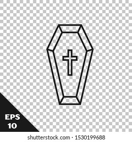 Black line Coffin with christian cross icon isolated on transparent background. Happy Halloween party.  Vector Illustration