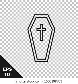 Black line Coffin with christian cross icon isolated on transparent background. Happy Halloween party.  Vector Illustration