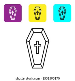 Black line Coffin with christian cross icon isolated on white background. Happy Halloween party. Set icons colorful square buttons. Vector Illustration