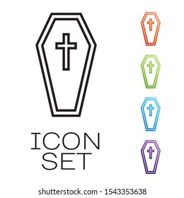Black line Coffin with christian cross icon isolated on white background. Happy Halloween party. Set icons colorful. Vector Illustration