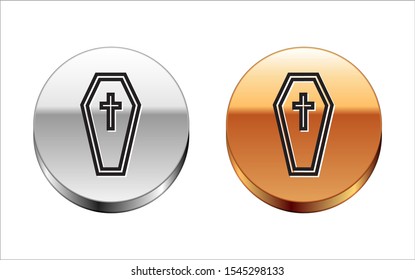 Black line Coffin with christian cross icon isolated on white background. Happy Halloween party. Silver-gold circle button. Vector Illustration