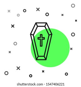 Black line Coffin with christian cross icon isolated on white background. Happy Halloween party.  Vector Illustration