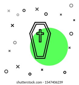 Black line Coffin with christian cross icon isolated on white background. Happy Halloween party.  Vector Illustration