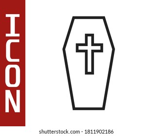 Black line Coffin with christian cross icon isolated on white background. Happy Halloween party.  Vector
