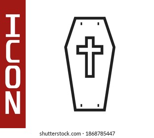 Black line Coffin with christian cross icon isolated on white background. Happy Halloween party.  Vector