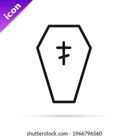 Black line Coffin with christian cross icon isolated on white background. Happy Halloween party.  Vector