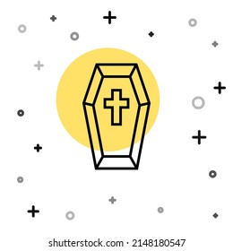 Black line Coffin with christian cross icon isolated on white background. Happy Halloween party. Random dynamic shapes. Vector