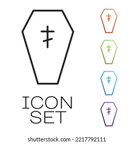 Black line Coffin with christian cross icon isolated on white background. Happy Halloween party. Set icons colorful. Vector