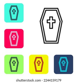 Black line Coffin with christian cross icon isolated on white background. Happy Halloween party. Set icons in color square buttons. Vector