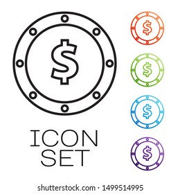 Black line Coin money with dollar symbol icon isolated on white background. Banking currency sign. Cash symbol. Set icons colorful. Vector Illustration