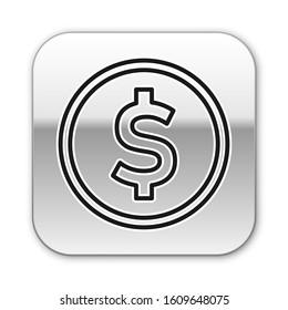 Black line Coin money with dollar symbol icon isolated on white background. Banking currency sign. Cash symbol. Silver square button. Vector Illustration