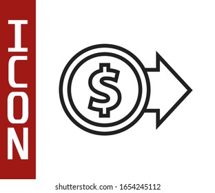 Black line Coin money with dollar symbol icon isolated on white background. Banking currency sign. Cash symbol.  Vector Illustration