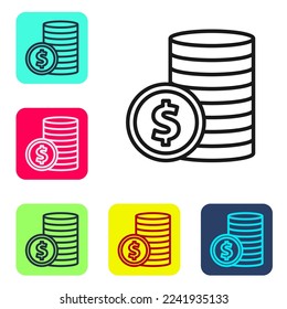 Black line Coin money with dollar symbol icon isolated on white background. Banking currency sign. Cash symbol. Set icons in color square buttons. Vector Illustration