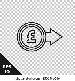 Black line Coin money with pound sterling symbol icon isolated on transparent background. Banking currency sign. Cash symbol.  Vector Illustration
