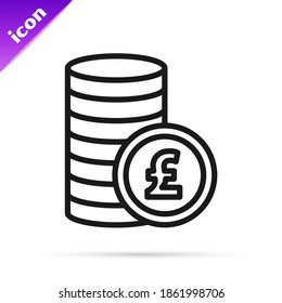 Black line Coin money with pound sterling symbol icon isolated on white background. Banking currency sign. Cash symbol.  Vector