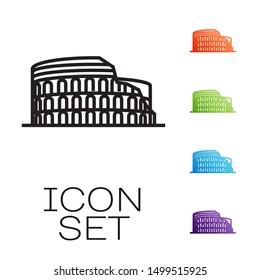 Black line Coliseum in Rome, Italy icon isolated on white background. Colosseum sign. Symbol of Ancient Rome, gladiator fights. Set icons colorful. Vector Illustration