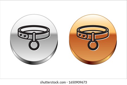 Black line Collar with name tag icon isolated on white background. Simple supplies for domestic animal. Cat and dog care. Pet chains. Silver-gold circle button. Vector Illustration