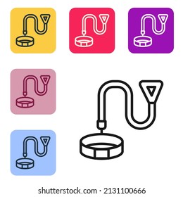 Black line Collar with name tag icon isolated on white background. Simple supplies for domestic animal. Cat and dog care. Pet chains. Set icons in color square buttons. Vector