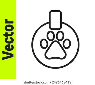 Black line Collar with name tag icon isolated on white background. Supplies for domestic animal. Dog or cat paw print. Cat and dog care. Pet chains.  Vector