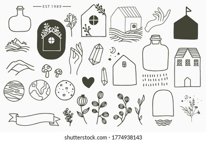 Black line collection with hand, flower,house,planet,jar.Vector illustration for icon,sticker,printable and tattoo