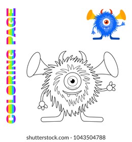 Black line and color version of blue fluffy monster  for kids coloring page book