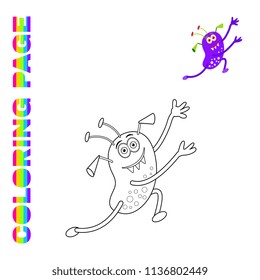 Black line and color version of cartoon purple cheerful running monster for kids coloring page book