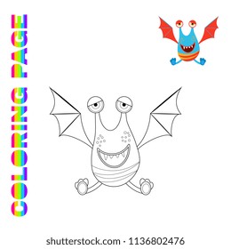 Black line and color version of cartoon winged seated monster  for kids coloring page book