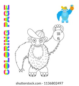 Black line and color version of cartoon fluffy blue monster in a cap holds a weight for kids coloring page book