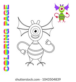 Black line and color version of funny monster  for kids coloring page book