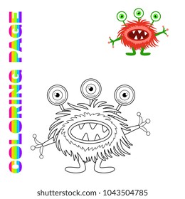 Black line and color version of red fluffy monster  for kids coloring page book