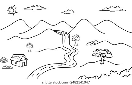 Black line coloring page template waterfall with mountain.