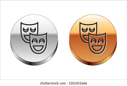 Black line Comedy theatrical masks icon isolated on white background. Silver-gold circle button. Vector Illustration