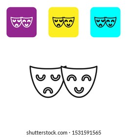 Black line Comedy and tragedy theatrical masks icon isolated on white background. Set icons colorful square buttons. Vector Illustration