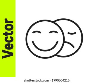 Línea negra Icono de máscaras teatrales de la comedia y la tragedia aislado de fondo blanco.  Vector