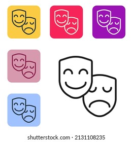 Black line Comedy and tragedy theatrical masks icon isolated on white background. Set icons in color square buttons. Vector