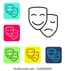 Black line Comedy and tragedy theatrical masks icon isolated on white background. Set icons in color square buttons. Vector
