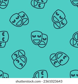 Black line Comedy and tragedy theatrical masks icon isolated seamless pattern on green background.  Vector