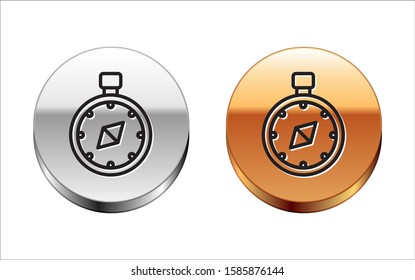 Black line Compass icon isolated on white background. Windrose navigation symbol. Wind rose sign. Silver-gold circle button. Vector Illustration
