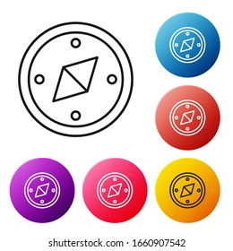 Icono de brújula de línea negra aislado en fondo blanco. Símbolo de navegación de Windrose. Signo de rosa eólica. Establezca los iconos de los botones de círculo coloridos. Ilustración vectorial