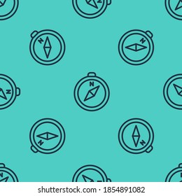Black line Compass icon isolated seamless pattern on green background. Windrose navigation symbol. Wind rose sign.  Vector