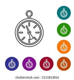 Icono de brújula de línea negra aislado en fondo blanco. Símbolo de navegación de Windrose. Signo de rosa eólica. Establezca los iconos en los botones de círculo de color. Ilustración vectorial