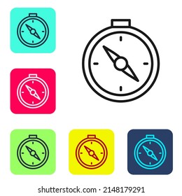 Icono de brújula de línea negra aislado en fondo blanco. Símbolo de navegación de Windrose. Signo de rosa eólica. Establezca iconos en los botones cuadrados de color. Vector