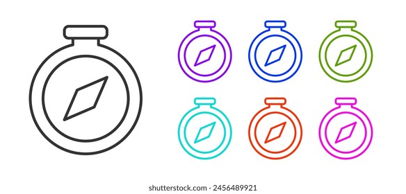 Línea negra Icono de brújula aislado sobre fondo blanco. Símbolo de navegación de Windows. Signo de rosa de viento. Establecer iconos coloridos. Vector