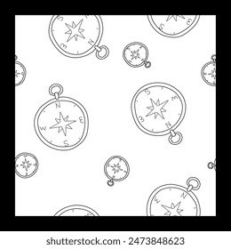 Línea negra Icono de brújula aislado Patrón sin fisuras sobre fondo blanco. Símbolo de navegación de Windows. Fondo de contorno de Vector, concepto de viaje y navegación Ilustración para envoltura, impresión textil.